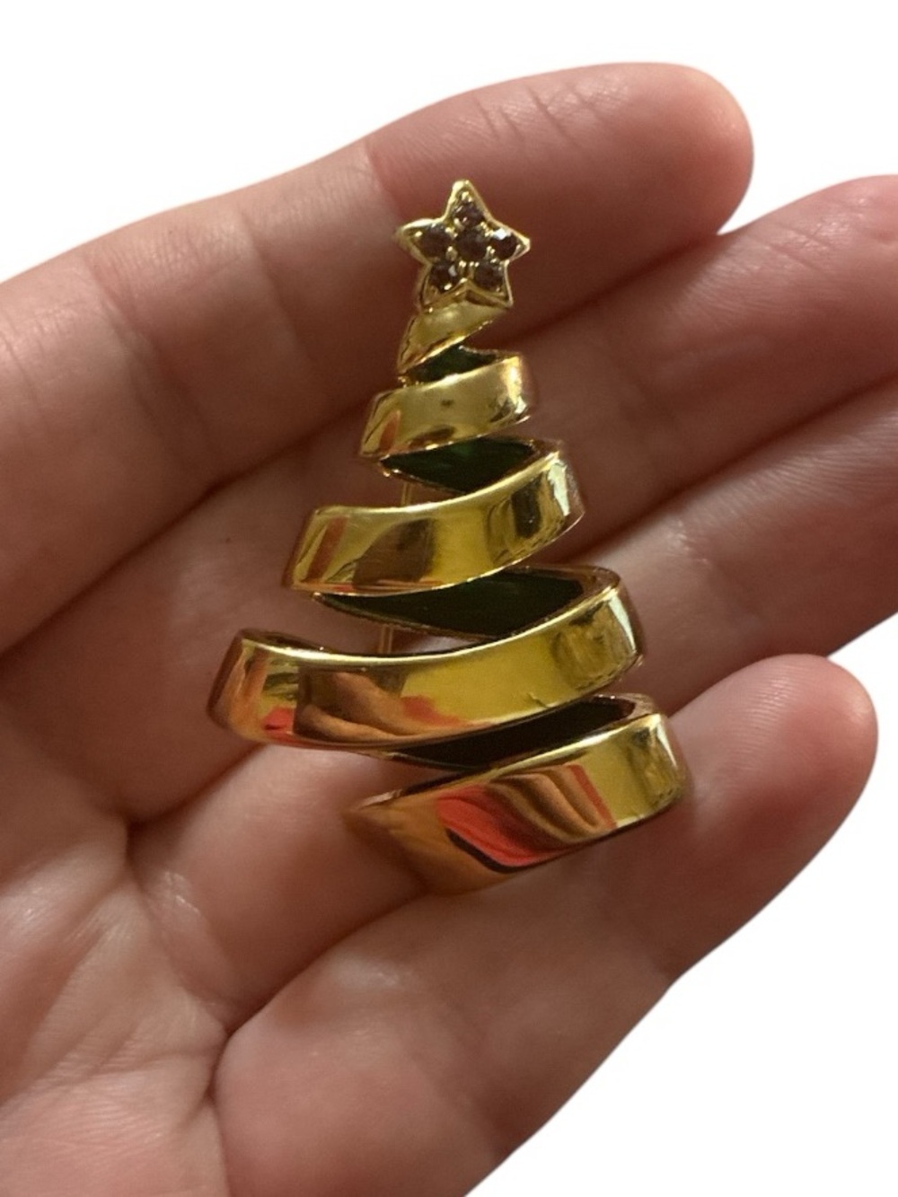 Gold Spiral Red Rhinestone Christmas Tree Brooch